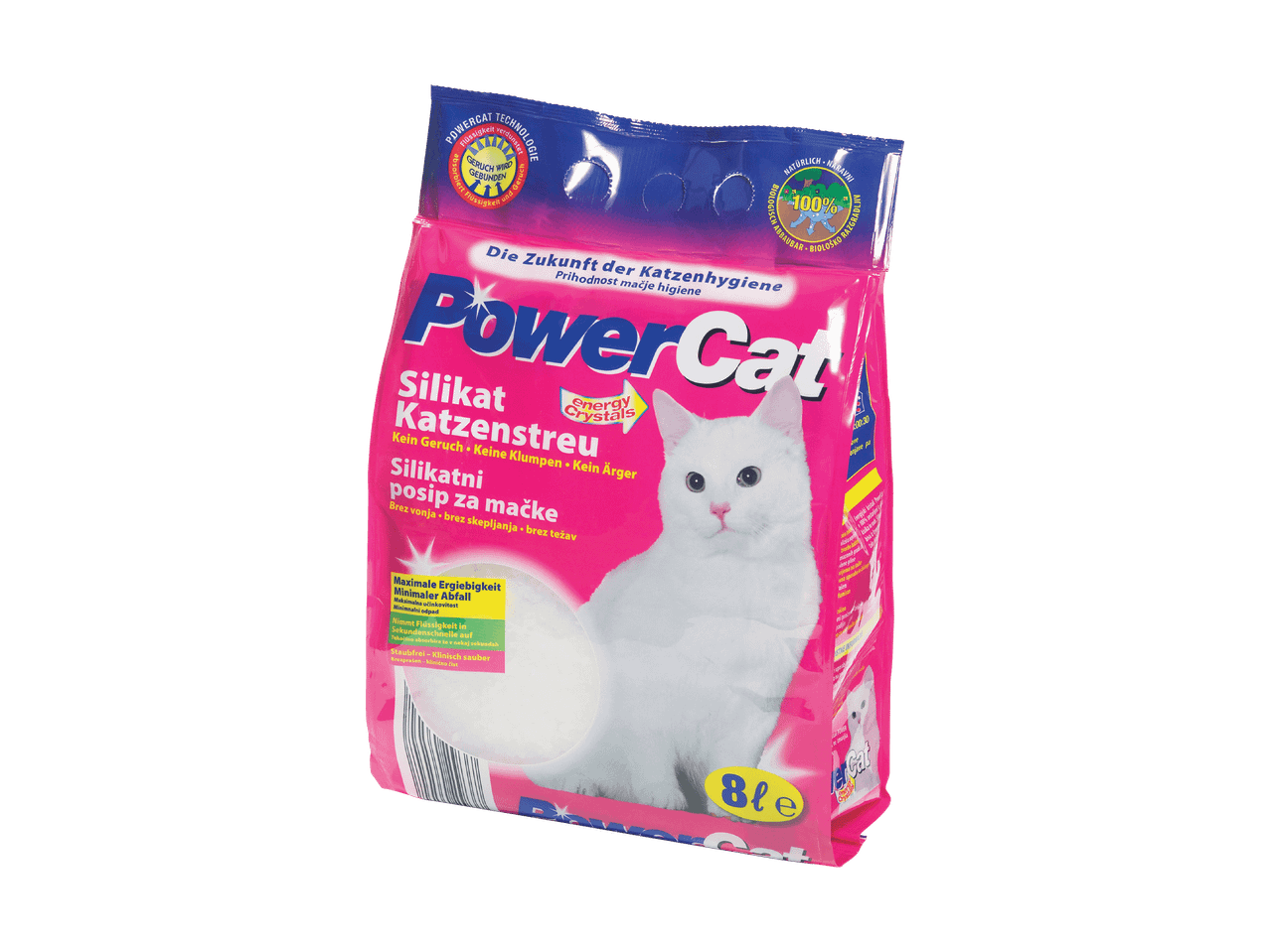 Eine Packung PowerCat Silikat-Katzenstreu mit einer weißen Katze.