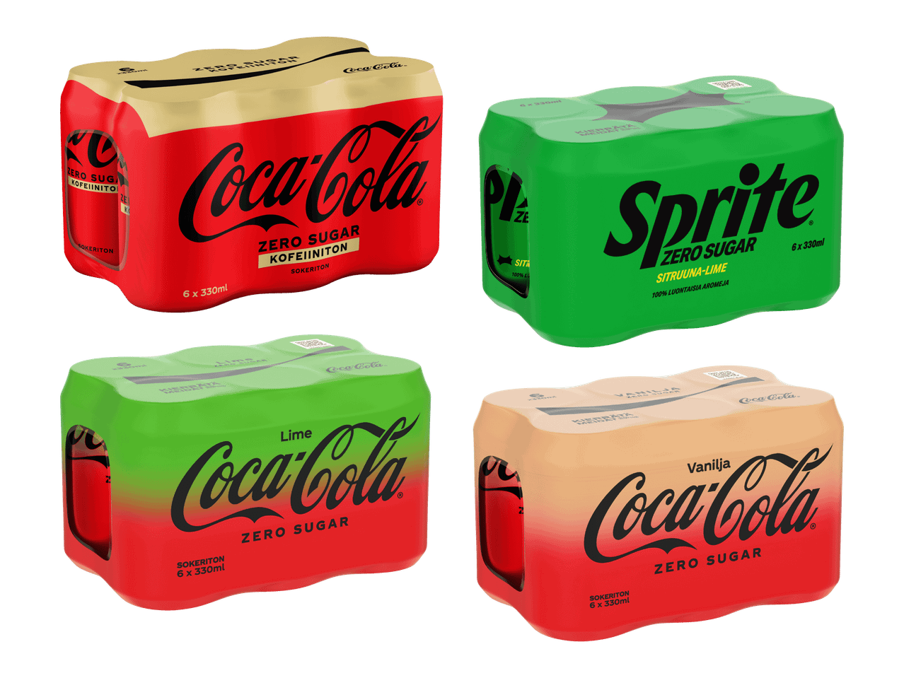 Coca-Cola ja Sprite juomatölkkejä neljässä eri värissä.