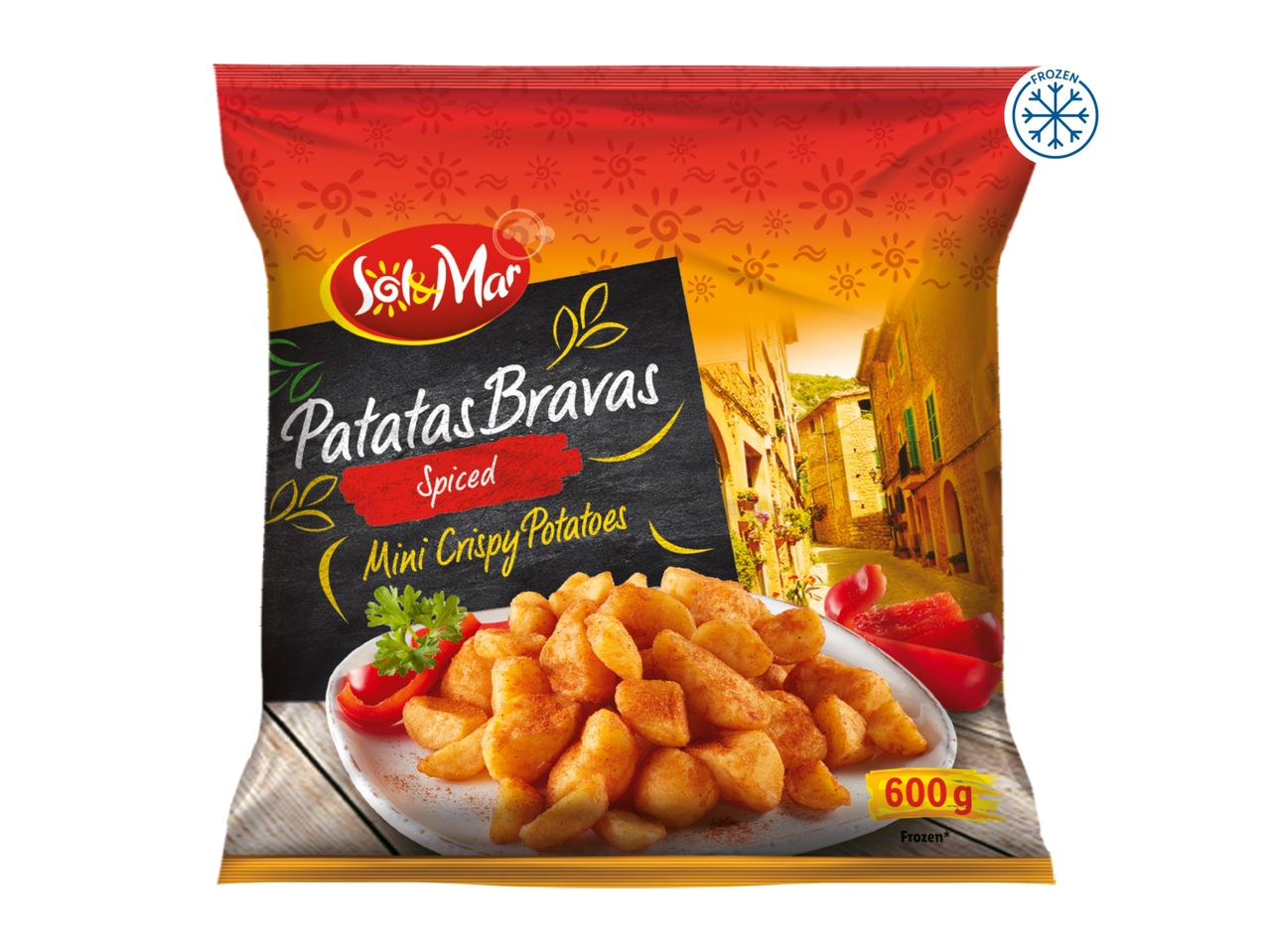 Frozen spiced mini crispy potatoes in a bag, with a Mediterranean village background.