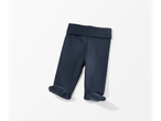 Dark blue baby footed pants with a wide, foldable waistband.