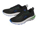 A pair of black Crivit running shoes with blue and green accents.