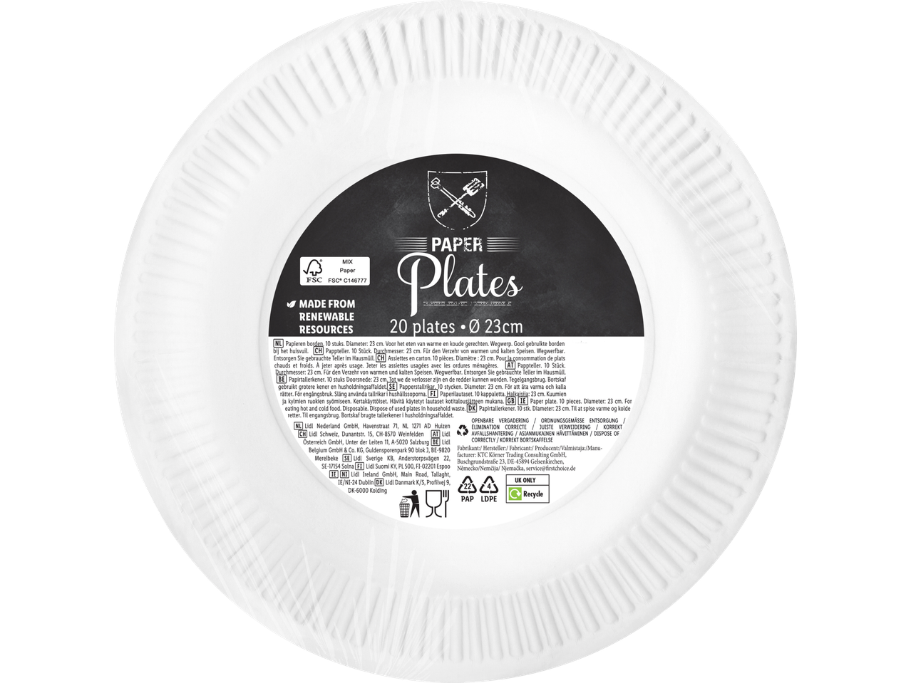 20 wegwerp papieren borden, 23 cm doorsnee, van Lidl.