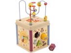 Cubo attività in legno a tema bosco, con labirinto di perline, orologio e selezionatore di forme.