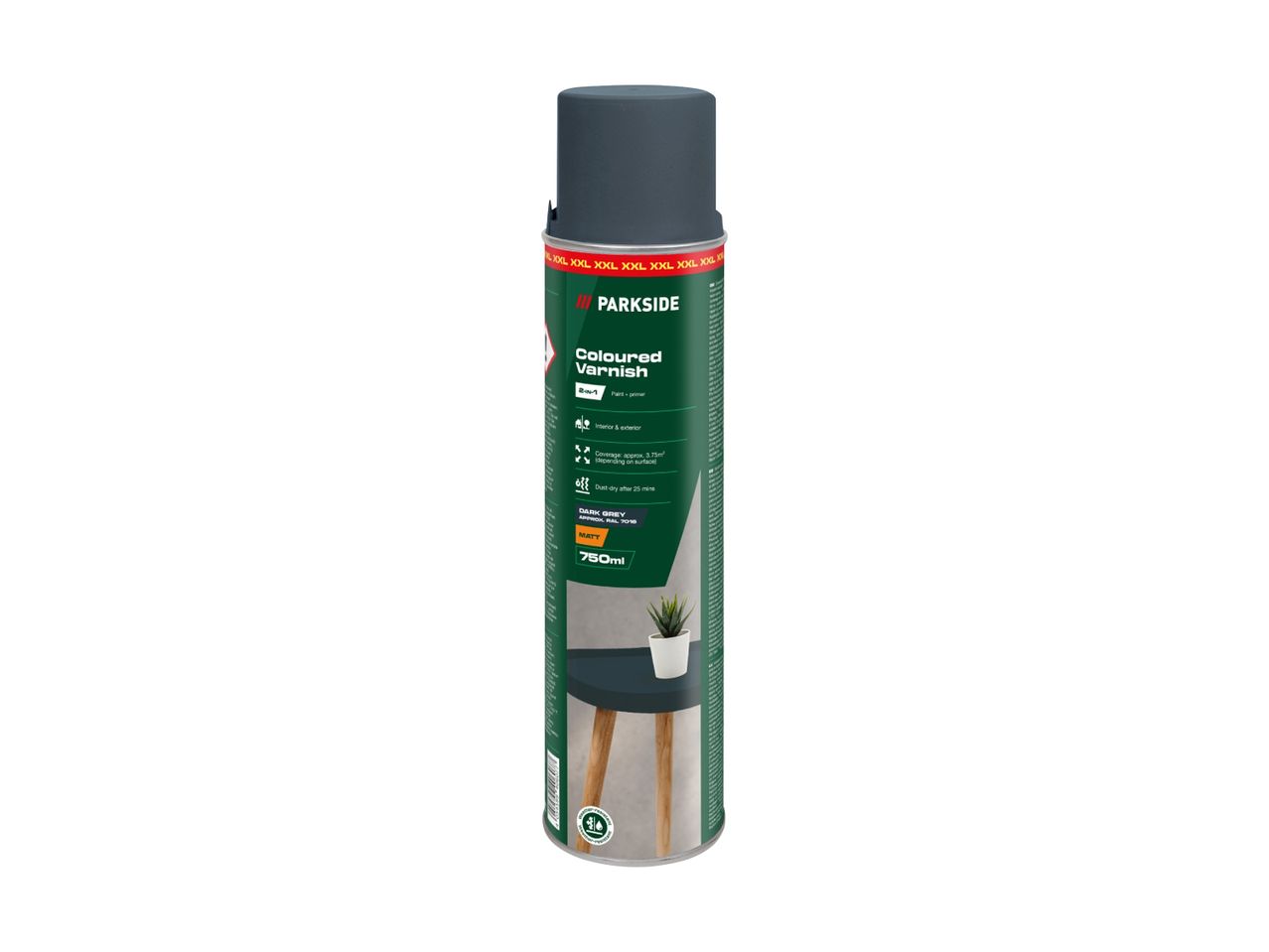 A can of dark grey coloured varnish, 2-in-1 paint and primer, 750ml, matt finish.