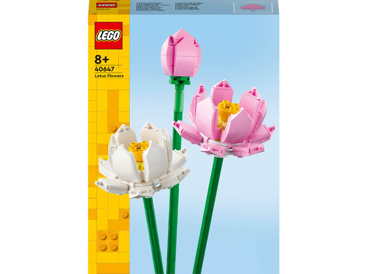 LEGO 40647 Lotus Flowers: due fiori di loto, uno rosa e uno bianco, su steli verdi.