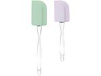 A pair of silicone spatulas in mint green and lavender.