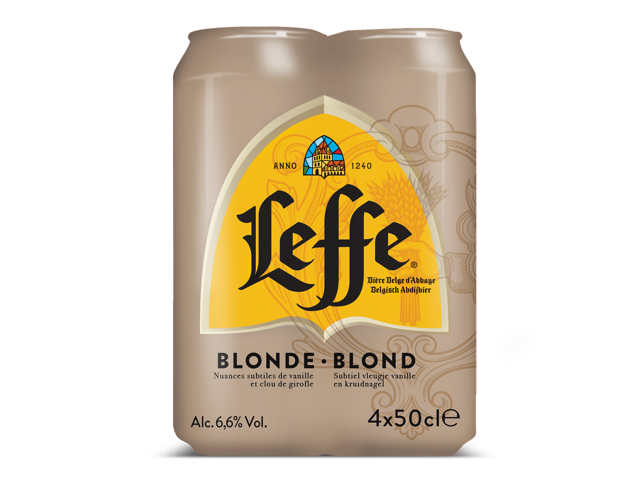 Een 4-pack blikken blond abdijbier met 6,6% alcohol, met vanille- en kruidnagelnoten.