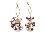 Two wooden reindeer Christmas ornaments with snowmen and festive details.