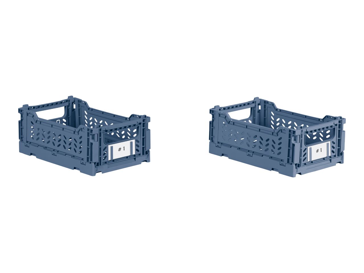 Two blue foldable storage crates with '#1' labels on a white background.