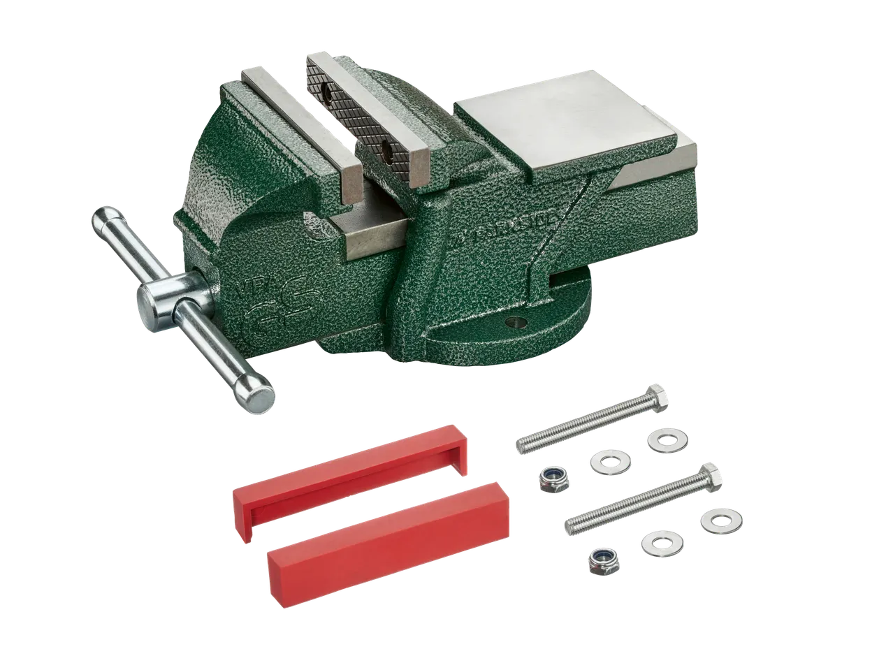 Žalias PARKSIDE® spaustuvas su raudonais žandikauliais ir tvirtinimo detalėmis.