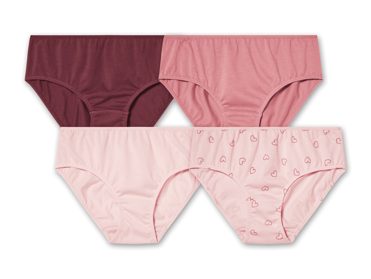 Vier Damen-Unterhosen in Rosa- und Rottönen, zwei einfarbig, zwei mit Herzmuster.