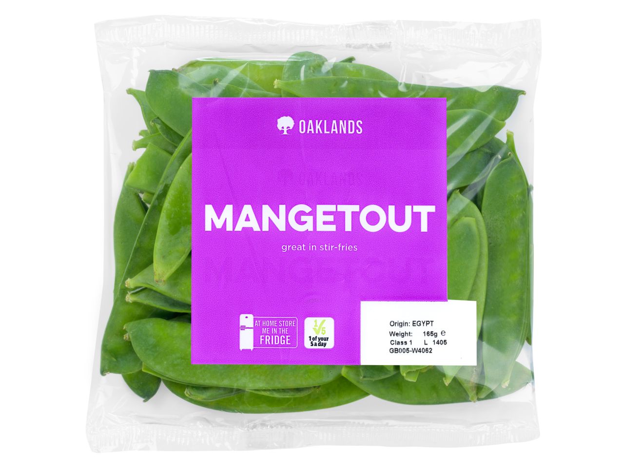 A clear plastic bag of Oaklands Mangetout, with a purple label indicating it's great in stir-fries.