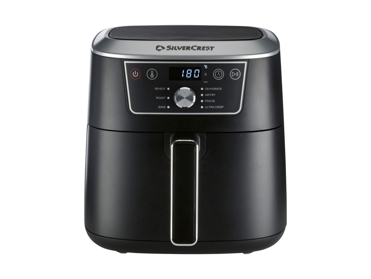 Black air fryer with digital display showing 180°C and various cooking functions.