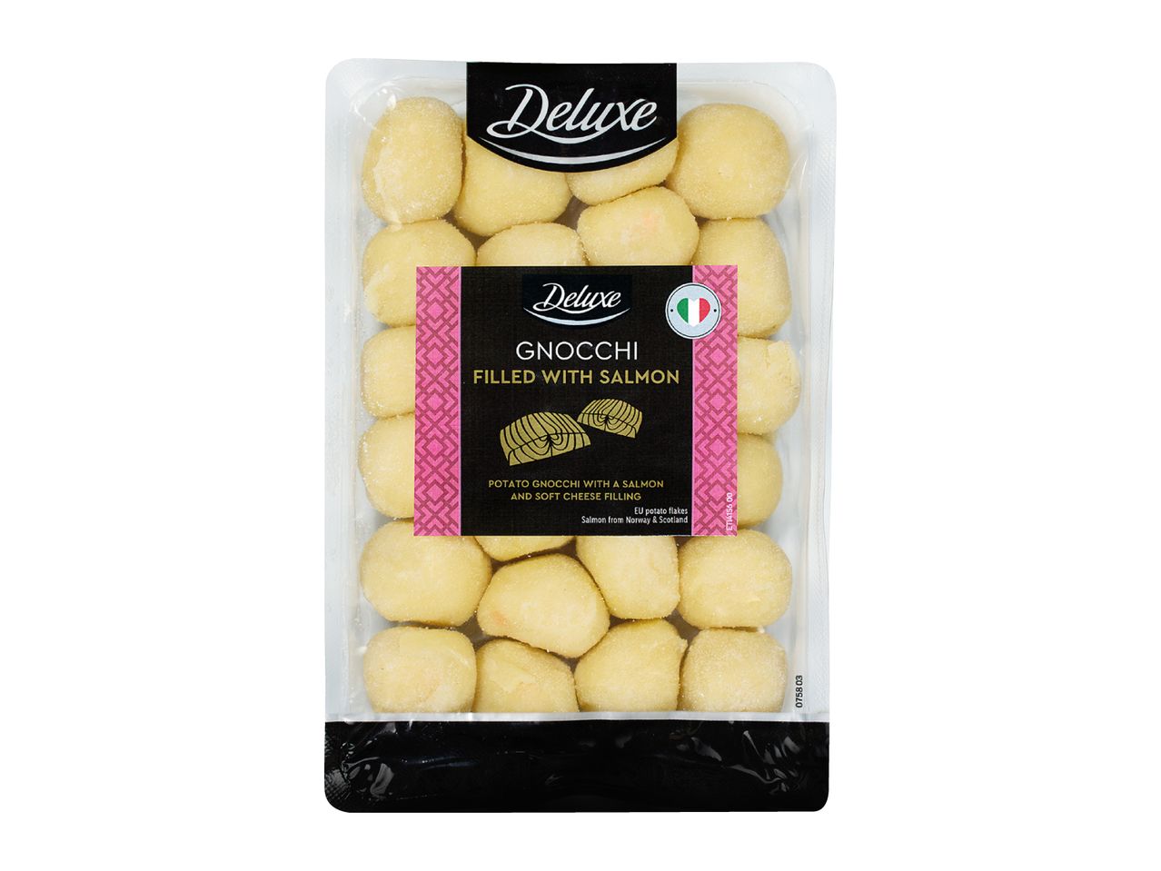 Pack of potato gnocchi filled with salmon and soft cheese, with an Italian flag icon.