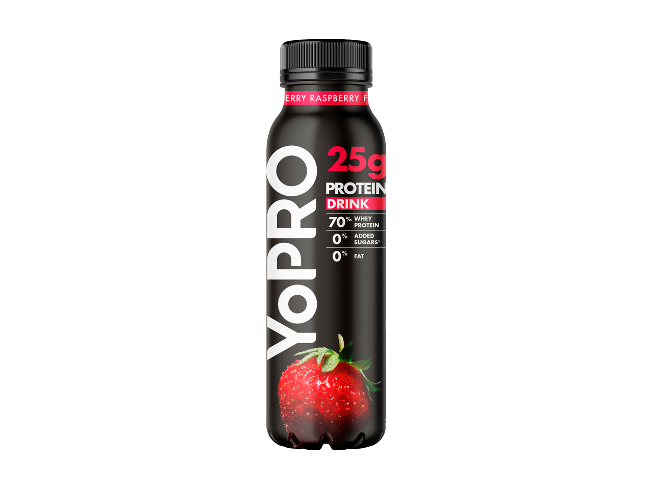 Garrafa preta de YoPro Iogurte Líquido Proteína de morango e framboesa com 25g de proteína.