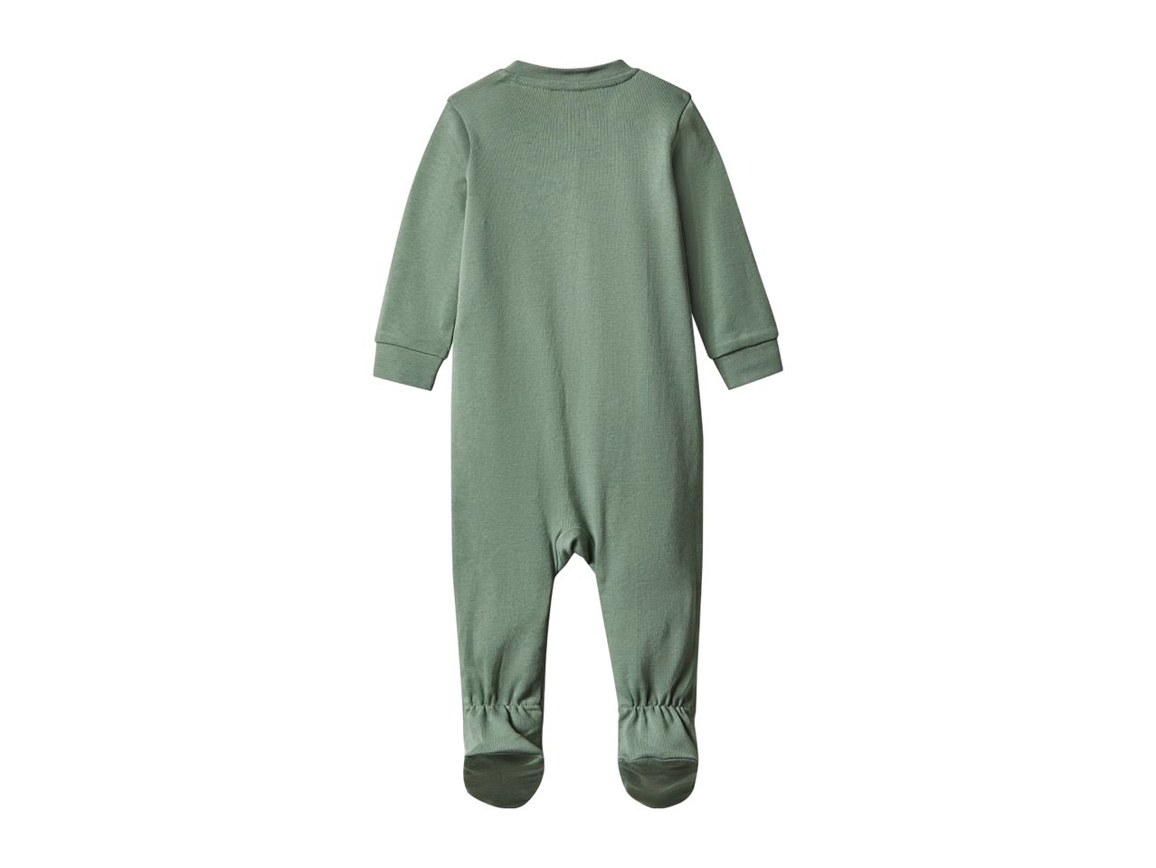 Back view of a sage green baby footed sleeper.
