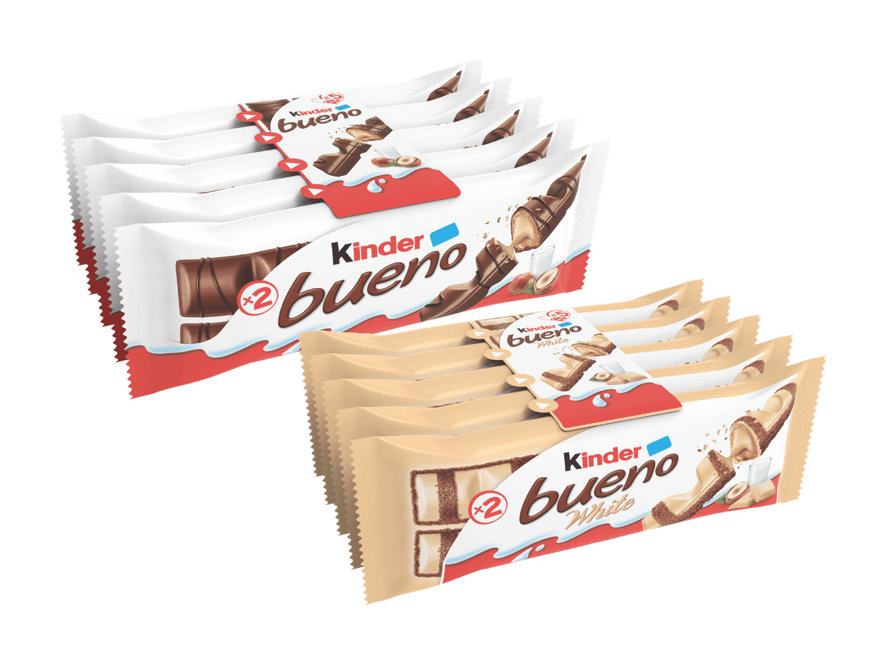 Zwei Packungen Kinder Bueno Riegel, eine in Weiß und eine in Beige.