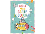 Carte de colorat pentru copii cu un submarin, creioane colorate și alte ilustrații drăguțe.