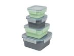Stack of four collapsible food storage containers with clear lids