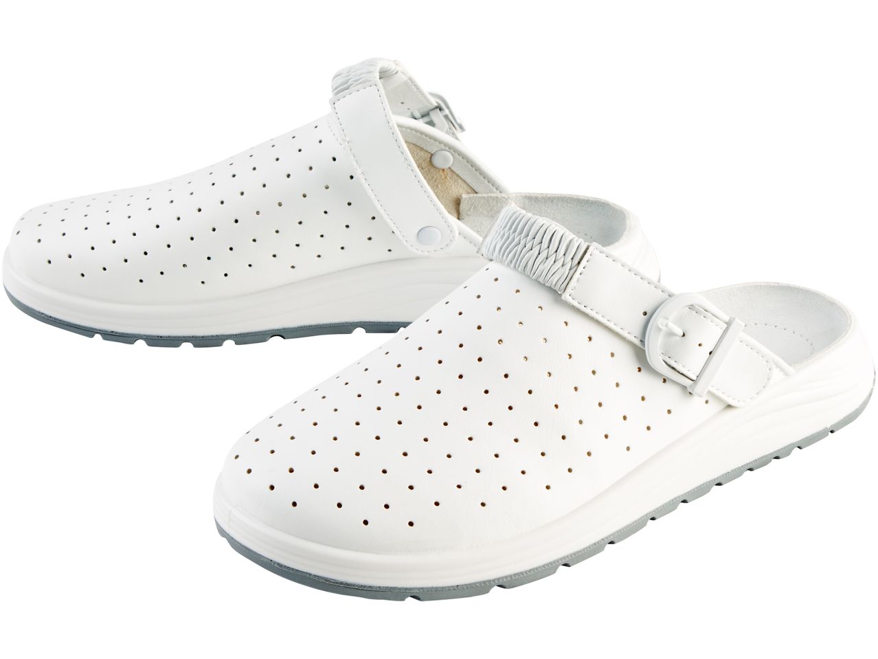 Pair of white perforated Work Leather Clogs with a strap and buckle