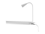 White clip-on desk lamp with a flexible neck and conical shade.