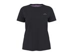 Black short-sleeved sports t-shirt with a subtle logo on the chest and purple inner collar.