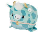 Light blue plush toy with darker blue spots, gold horns, white mane, and a bell collar.