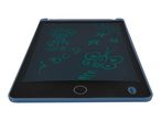 Blue LCD writing tablet with colorful drawings of a flower, sun, stars, butterfly, and letters.