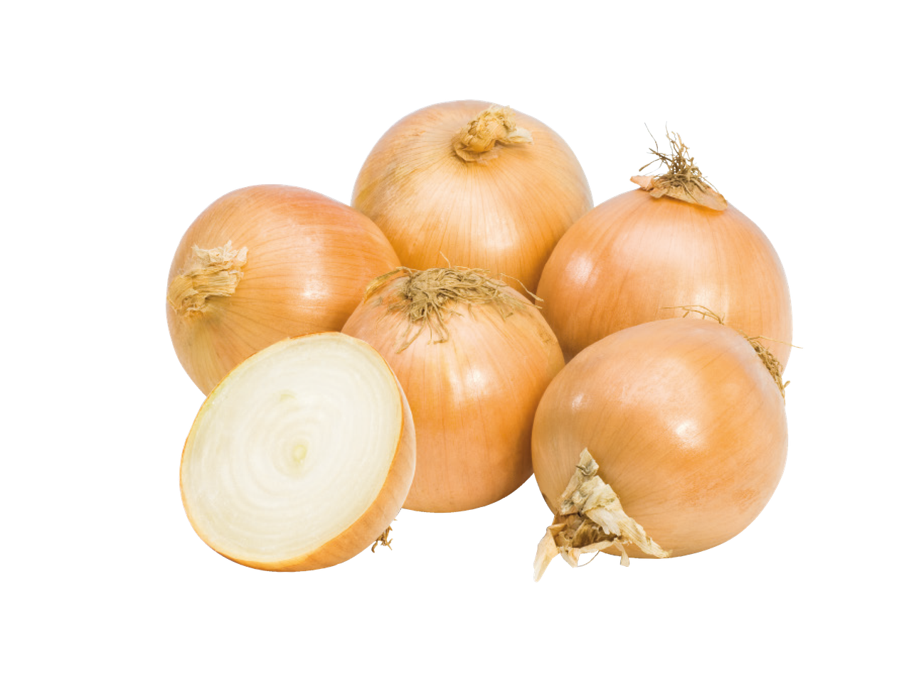 Skupina žutih luka, uključujući jedan prepolovljeni luk, na crnoj pozadini.