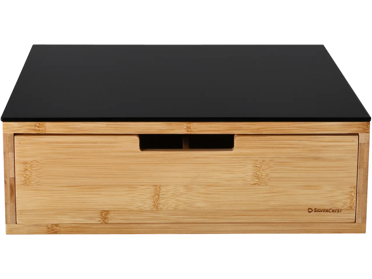 Tábua de corte de bambu SILVERCREST com tampo de vidro preto e gaveta.