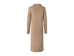 Back view of a long, light brown knitted cardigan with long sleeves and a collar.