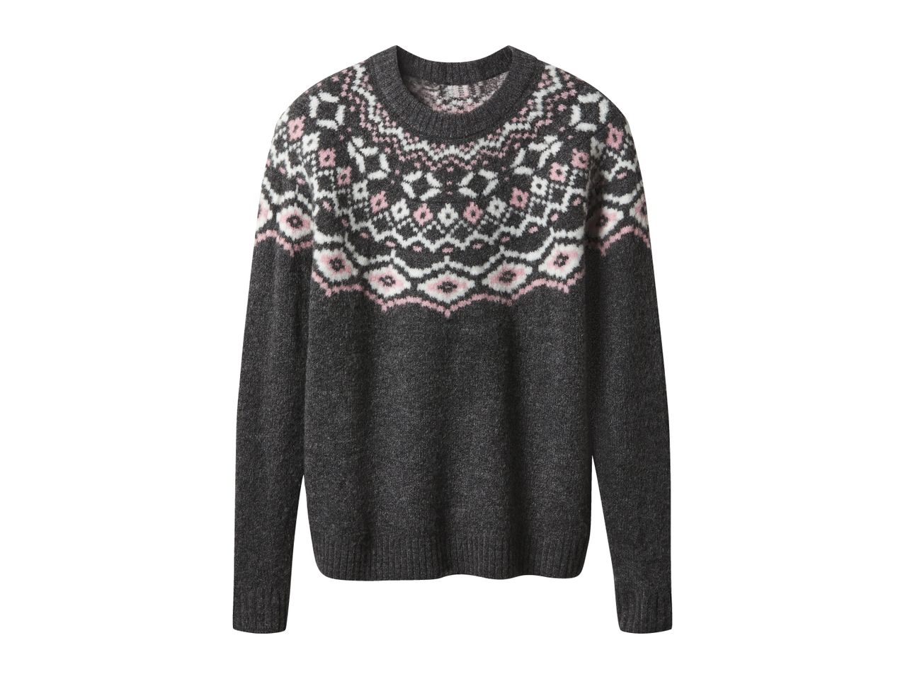 Women's grey knit sweater with a pink and white fair isle pattern