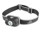 A Crivit headlamp with a black and gray adjustable strap.