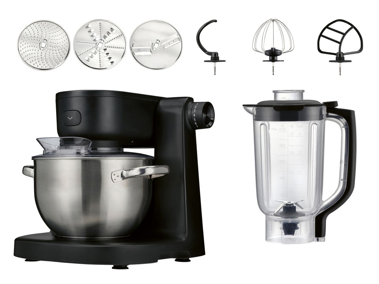 Küchenmaschine mit Edelstahl-Rührschüssel, Mixeraufsatz und verschiedenen Zubehörteilen wie Reibscheiben und Rührelementen.