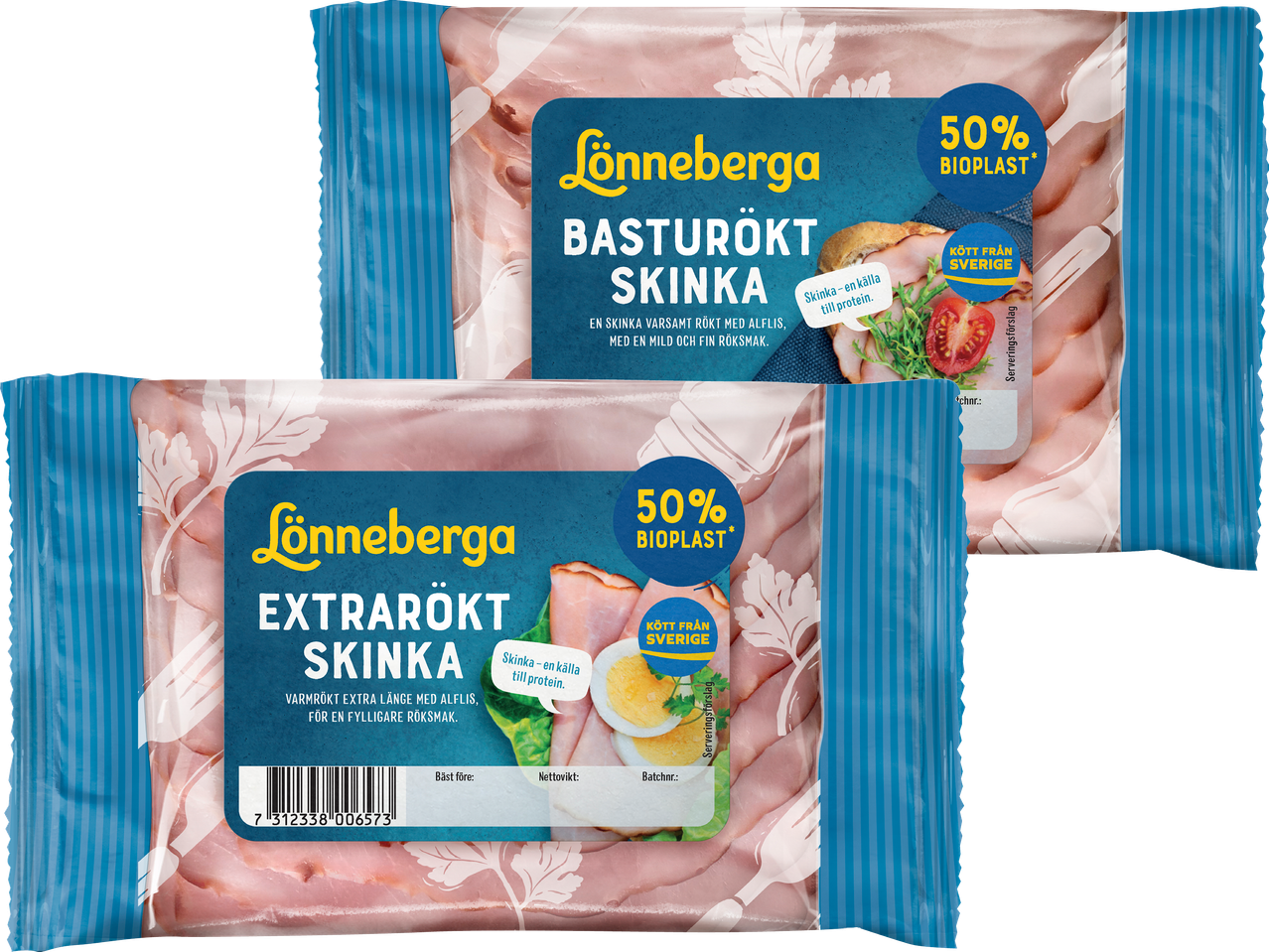 Två förpackningar Lönneberga skinka, en basturökt och en extrarökt, med information om bioplast och svenskt kött.