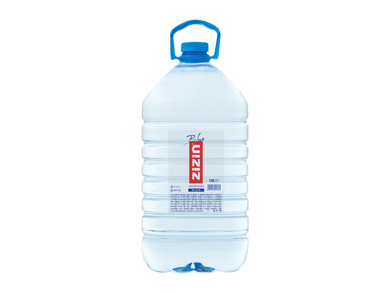 O sticlă mare de apă Zizin de 10 litri, cu etichetă albă și albastră și mâner albastru.
