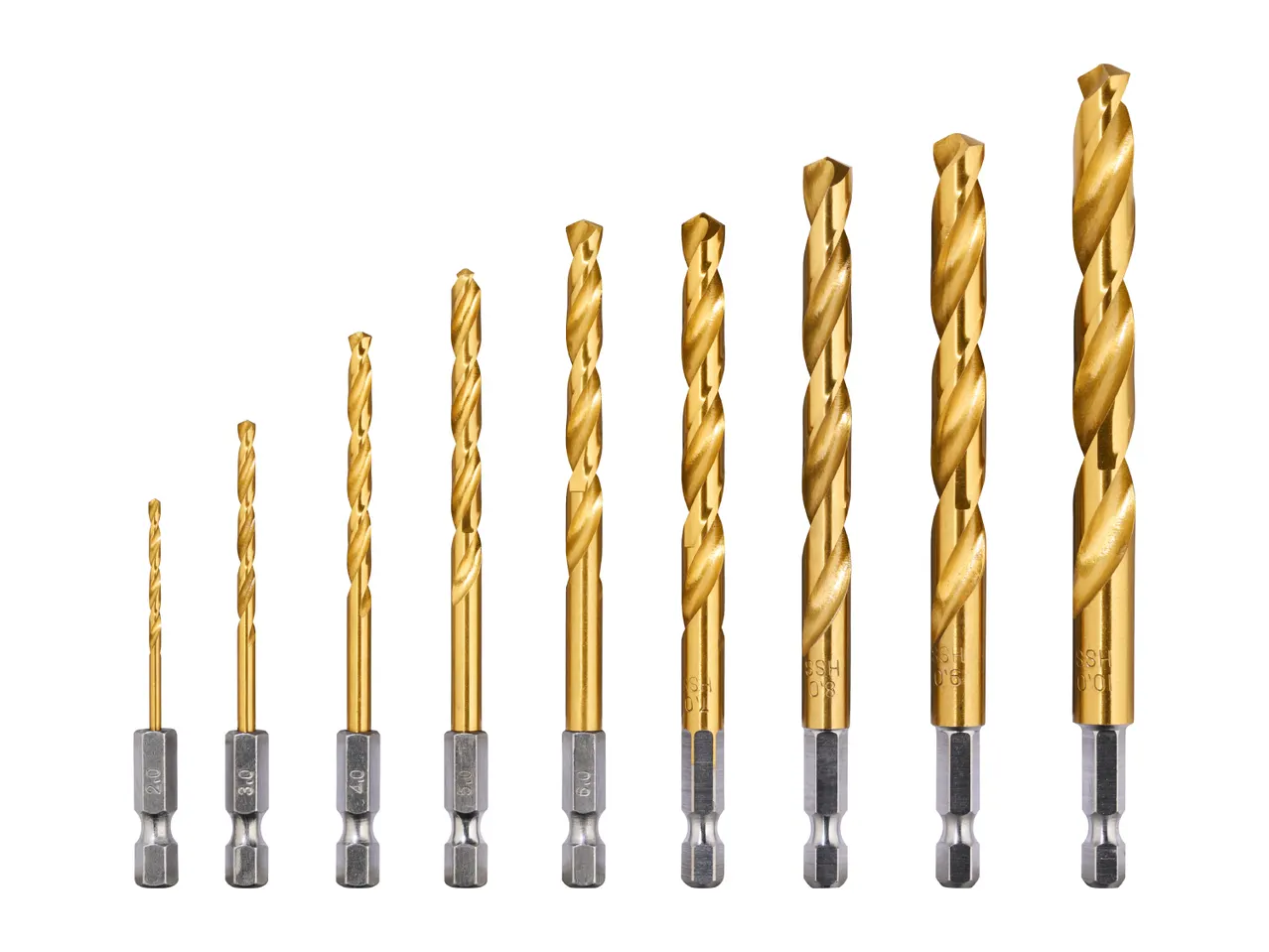 A set of ten golden drill bits with hexagonal shanks, arranged by increasing size.