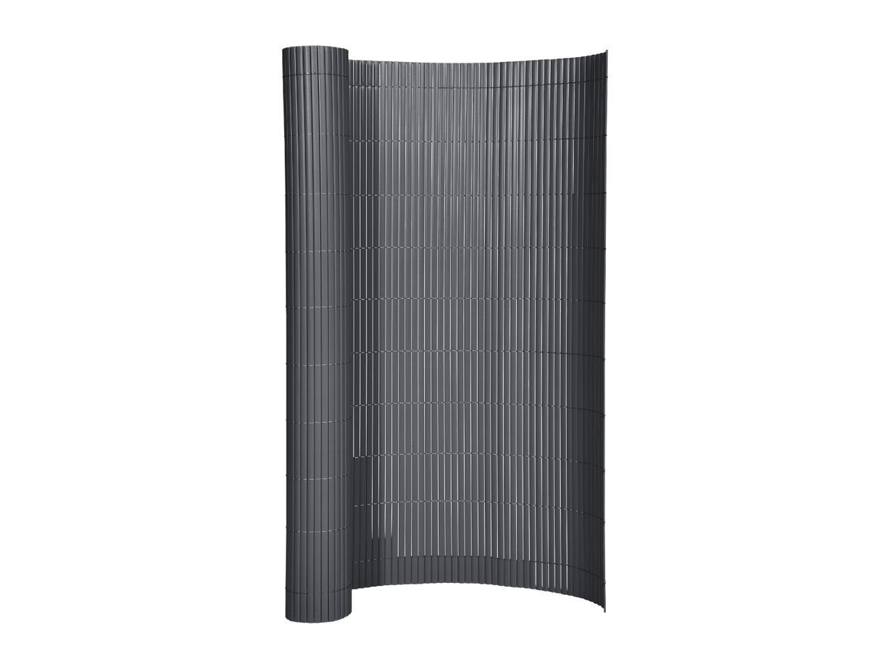 Grey privacy screen made of vertical slats, partially rolled up