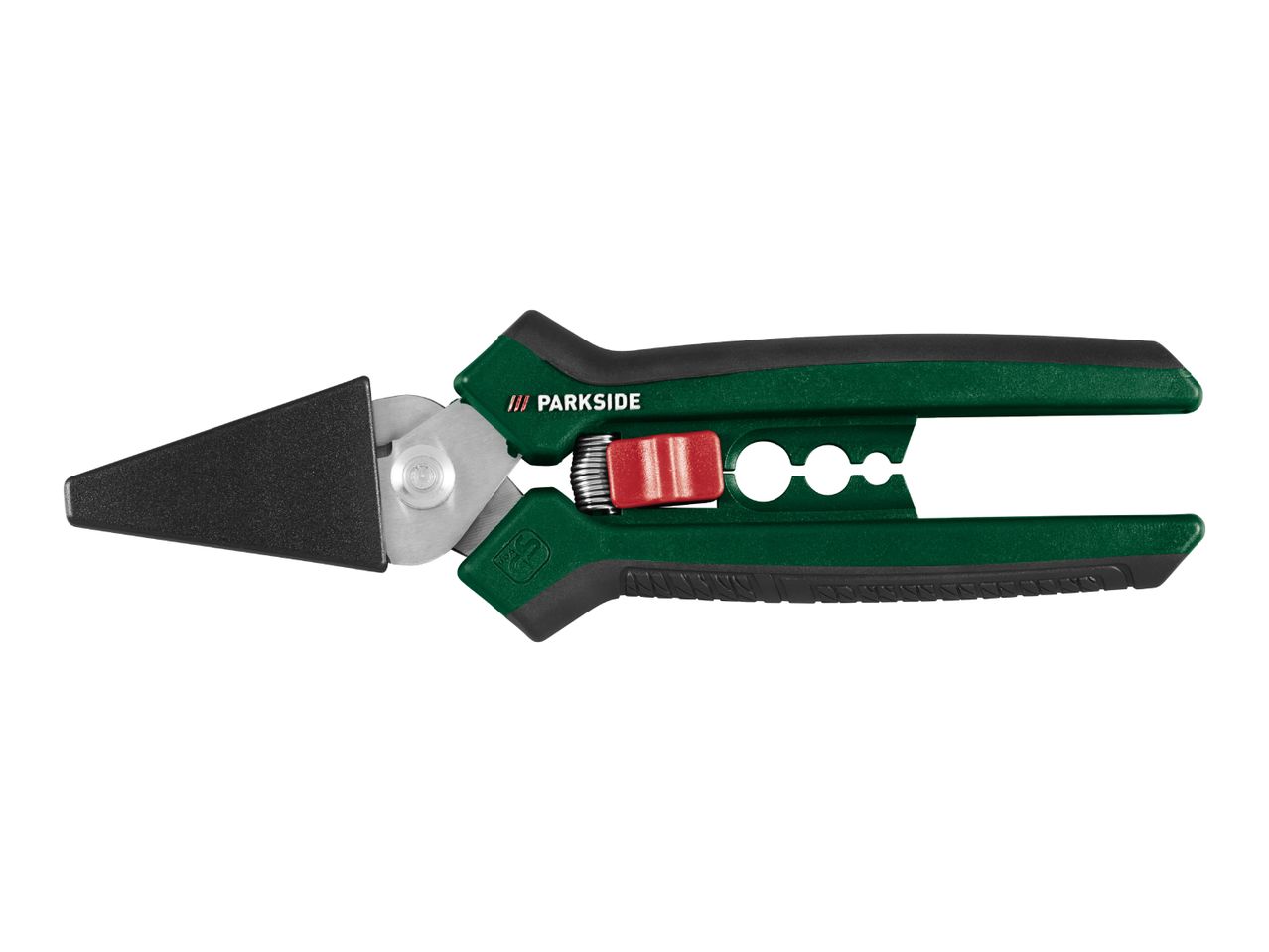 Green and black multi-purpose garden shears with a red locking mechanism and wire stripping holes.