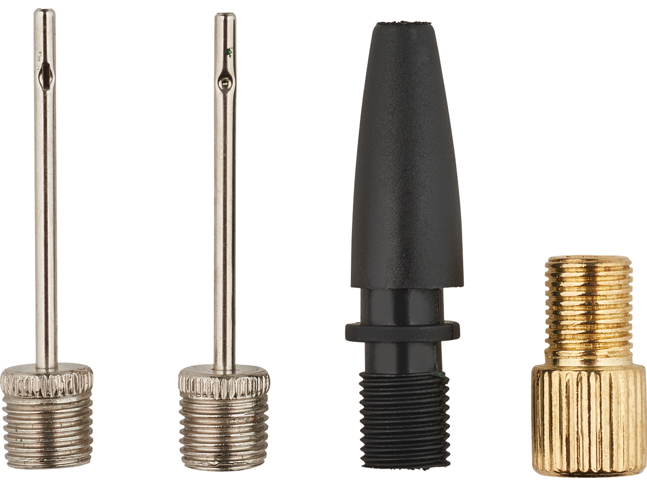 Two metal needle valves, a black plastic nozzle, and a brass valve adapter.