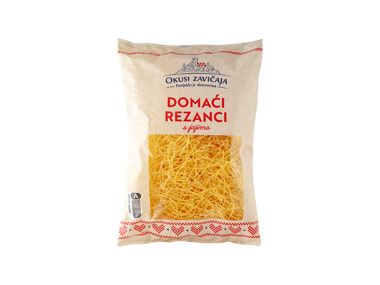 Pakiranje Okusi Zavičaja domaćih rezanaca s jajima, s Nutri-Score oznakom A.