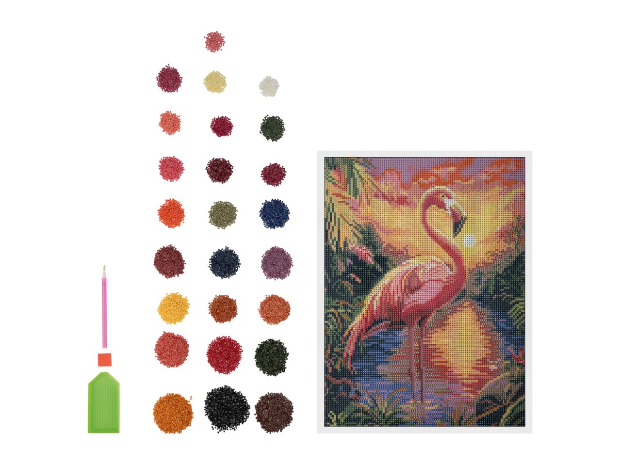 Diamond painting kit with flamingo design, various colored beads, and tools.