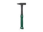 A black hammer with a green and black handle, featuring a textured grip.