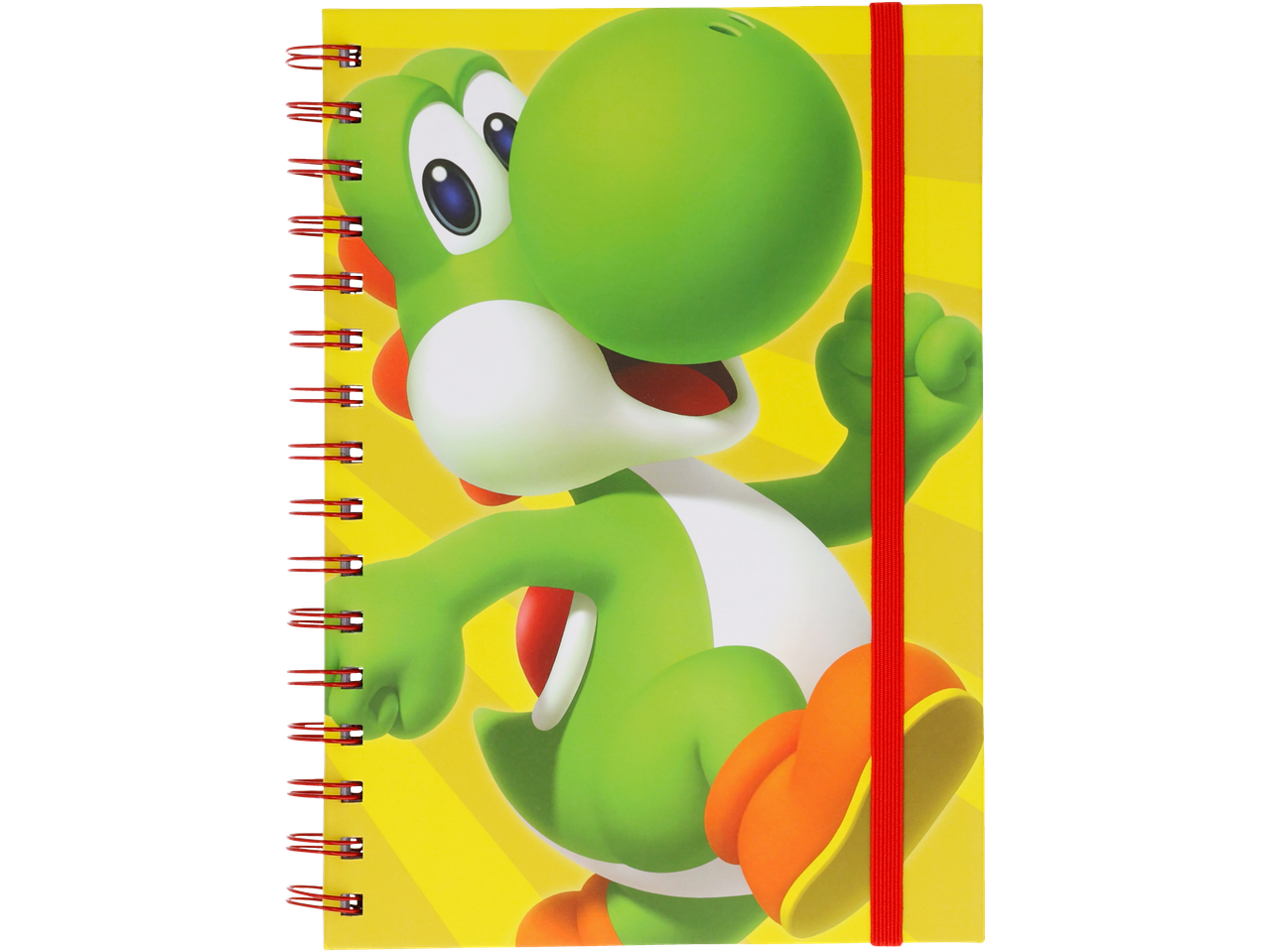A spiral-bound notebook featuring a green dinosaur character on a yellow background with a red elastic band.