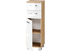 White and oak-colored cabinet with two drawers and an open door.