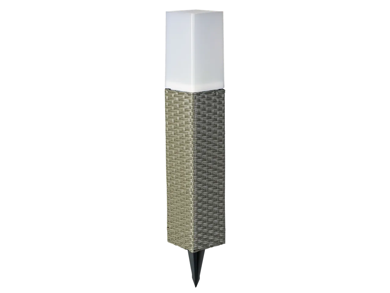 Livarno LED Solar Light with a square white diffuser and a grey rattan-style base with a ground spike.