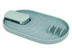 Light blue plastic kitchen utensil holder with a lid and slots.