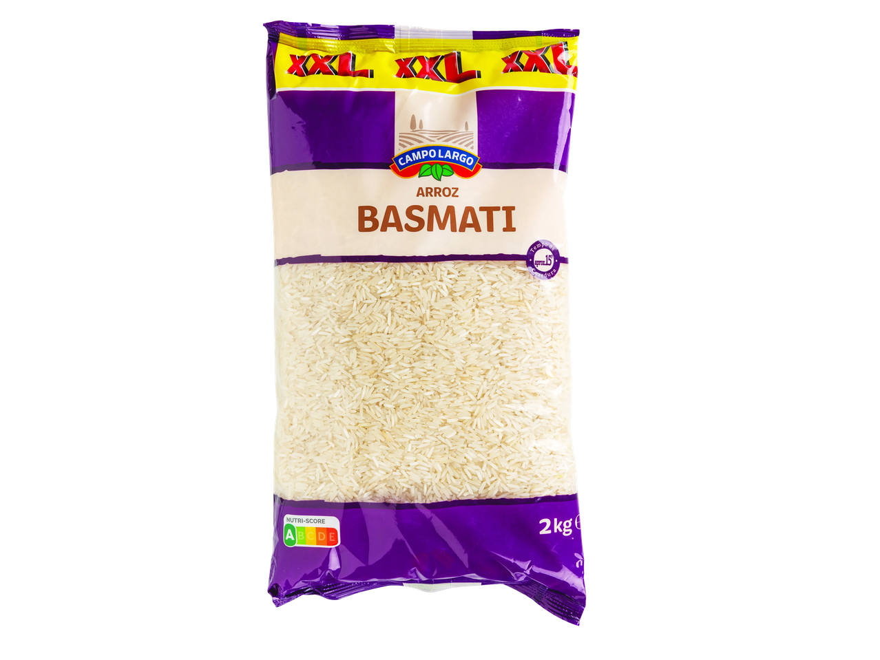 Saco de arroz basmati de 2 kg com rótulo Nutri-Score A