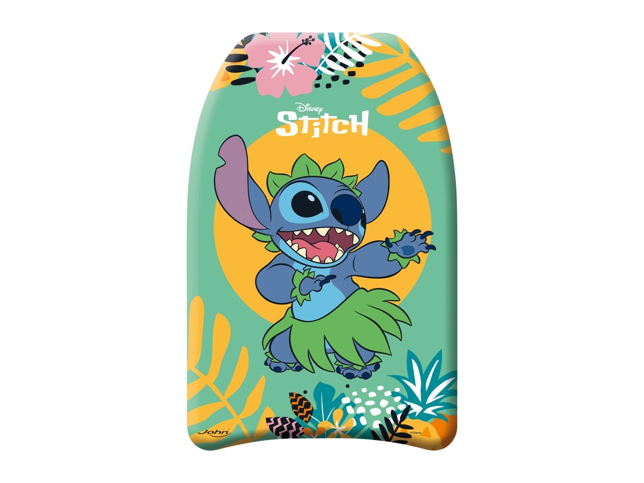 Bodyboard with a blue alien character wearing a grass skirt and a tropical leaf pattern.