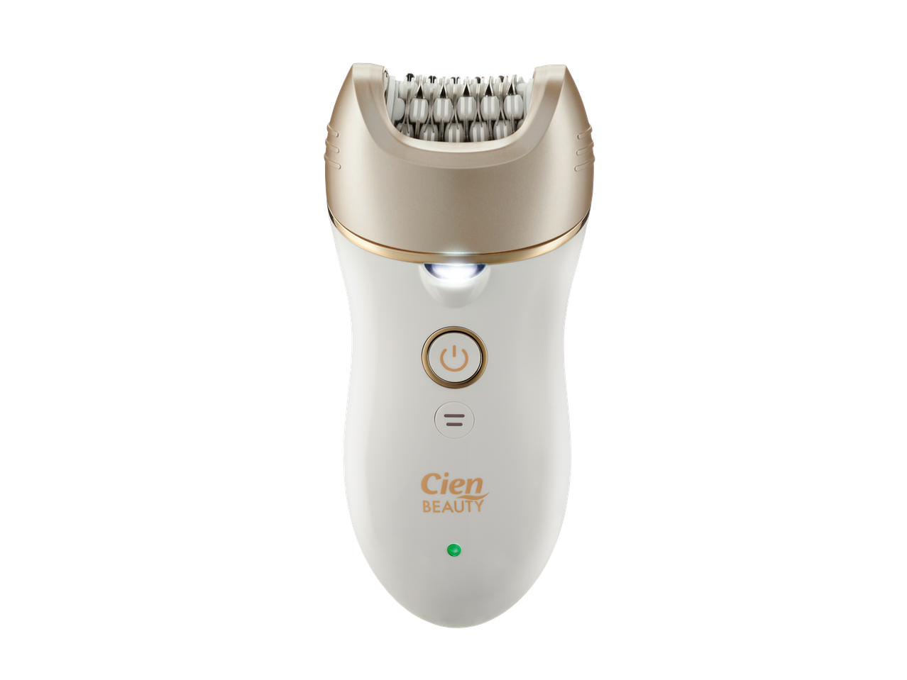 Epilador Cien Beauty branco e dourado com cabeça de pinças e luz LED.